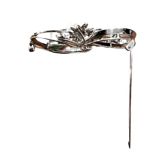 Antique 14k White Gold, Jade And Diamond Brooch. - Picture 5 of 6